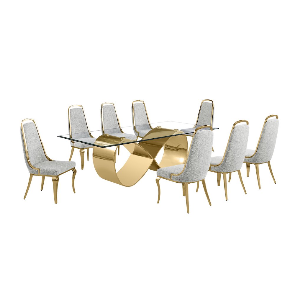9Pc Tempered Glass Dining Set 8 Rich Gray Boucle Side Chairs And A Gold Base