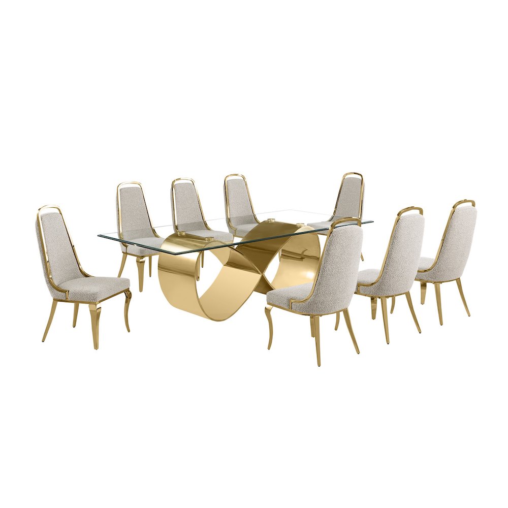 9Pc Tempered Glass Dining Set With 8 Gray Boucle Side Chairs And A Gold Base