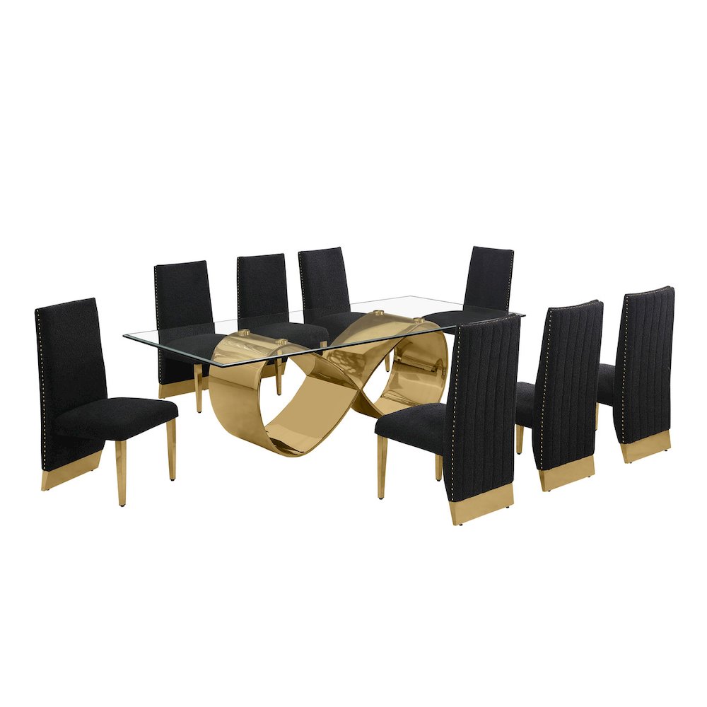 9Pc Tempered Glass Dining Set 8 Black Boucle Chairs And  Gold Base