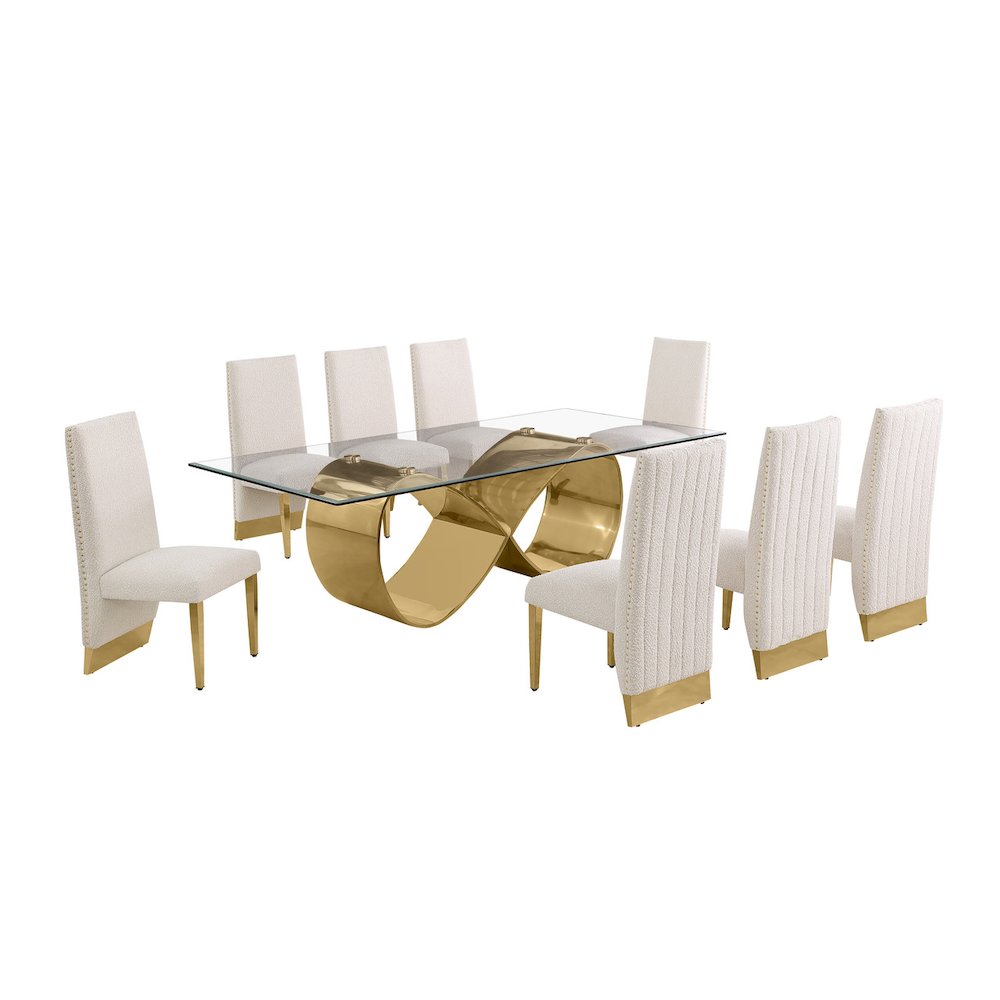 9Pc Tempered Glass Dining Set 8 Cream Boucle Chairs And Gold Base
