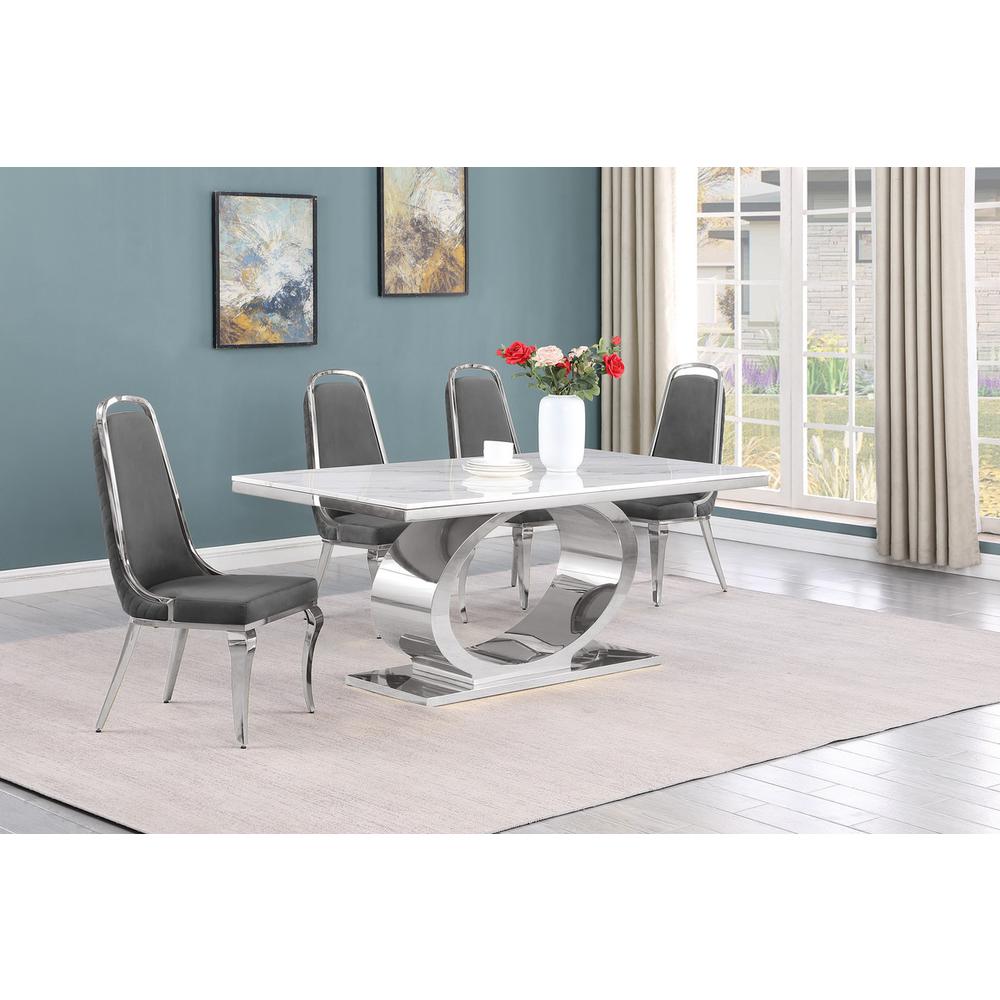 5pc Small(68″) marble top dining set with silver base and 4 Dark grey chairs