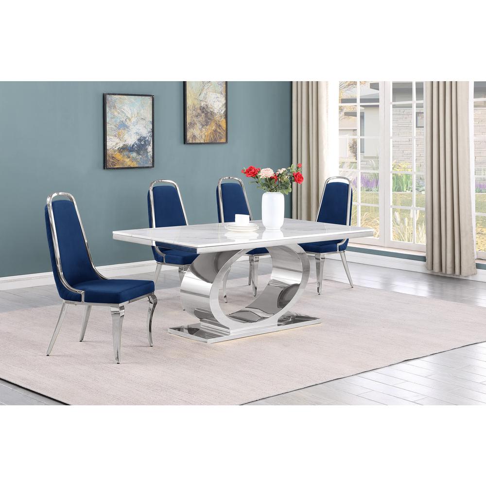 5pc Small(68″) marble top dining set with silver base and 4 Navy blue chairs