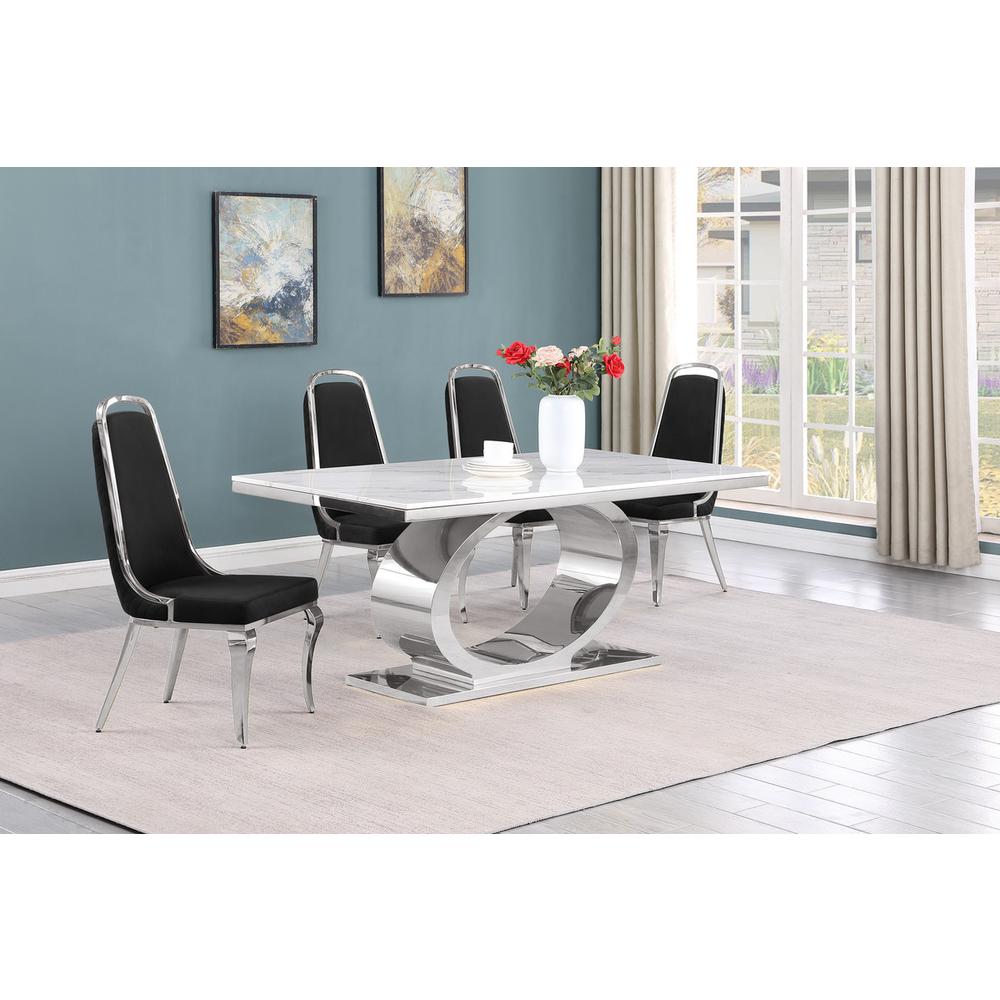 5pc Small(68″) marble top dining set with silver base and 4 Black side chairs
