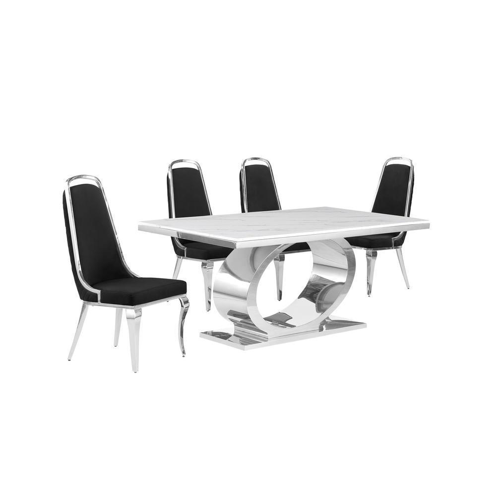 5pc Small(68″) marble top dining set with silver base and 4 Black side chairs