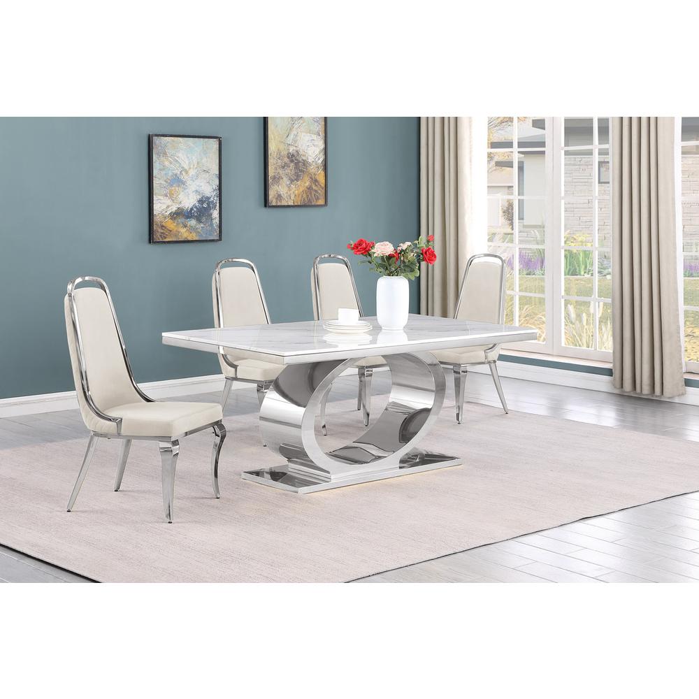 5pc Small(68″) marble top dining set with silver base and 4 Cream side chairs