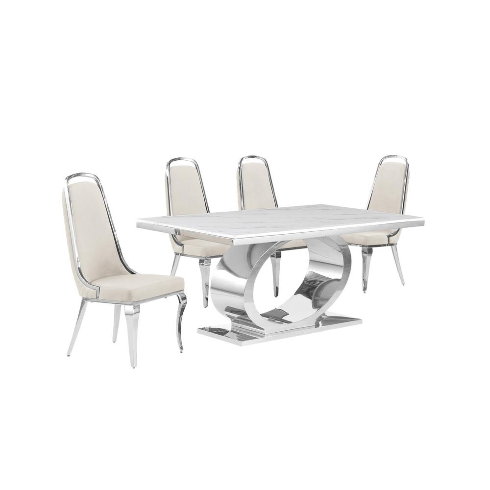 5pc Small(68″) marble top dining set with silver base and 4 Cream side chairs