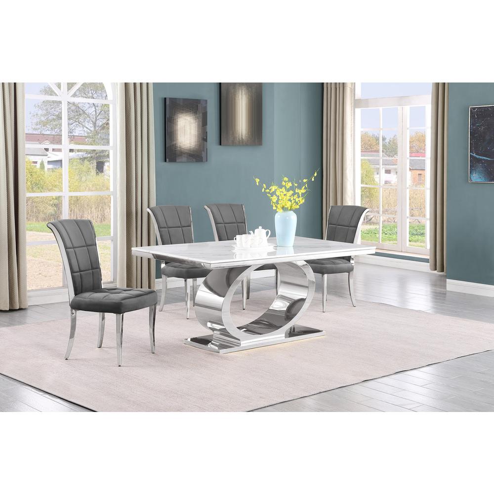 5pc Small(48″) marble top dining set with silver base and 4 Dark grey chairs