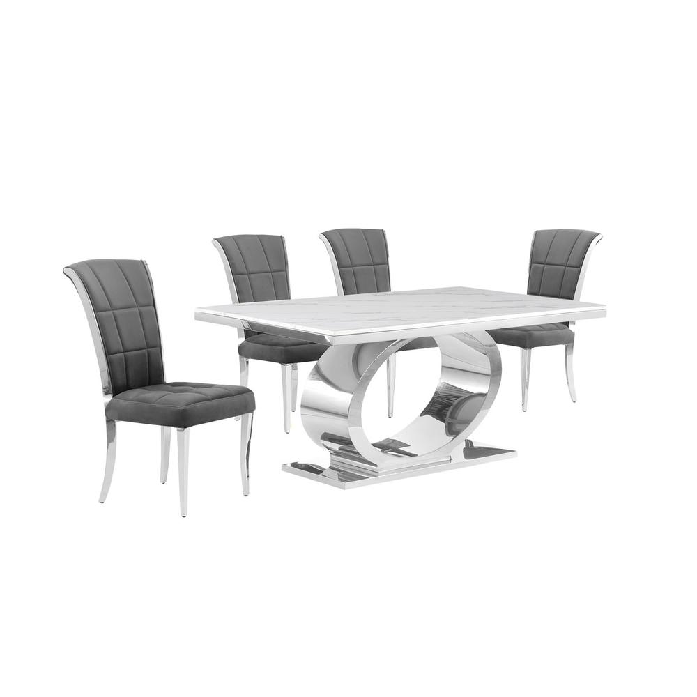 5pc Small(48″) marble top dining set with silver base and 4 Dark grey chairs