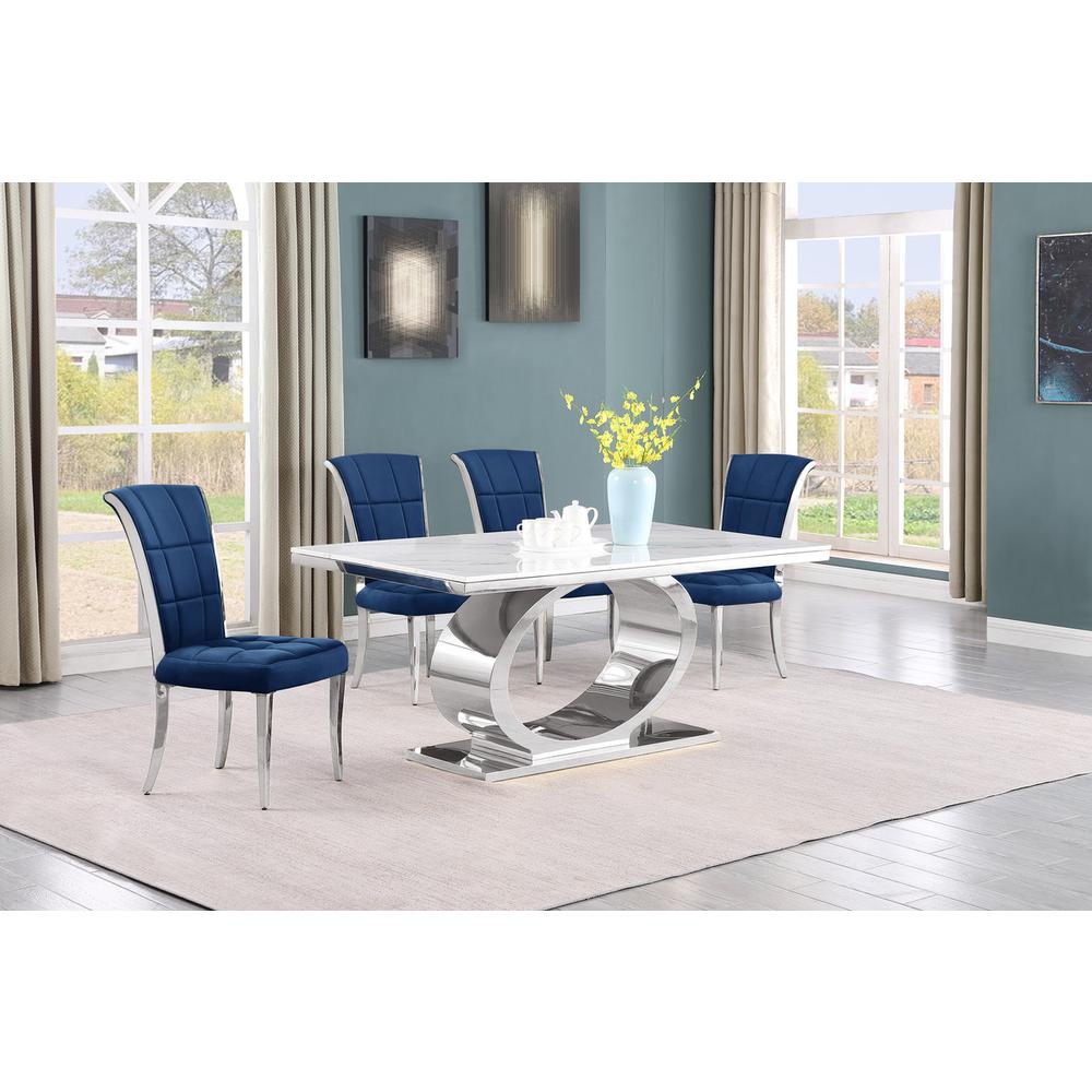 5pc Small(48″) marble top dining set with silver base and 4 Navy blue chairs