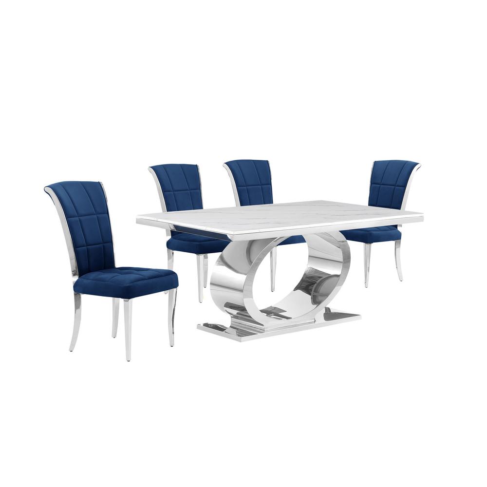 5pc Small(48″) marble top dining set with silver base and 4 Navy blue chairs