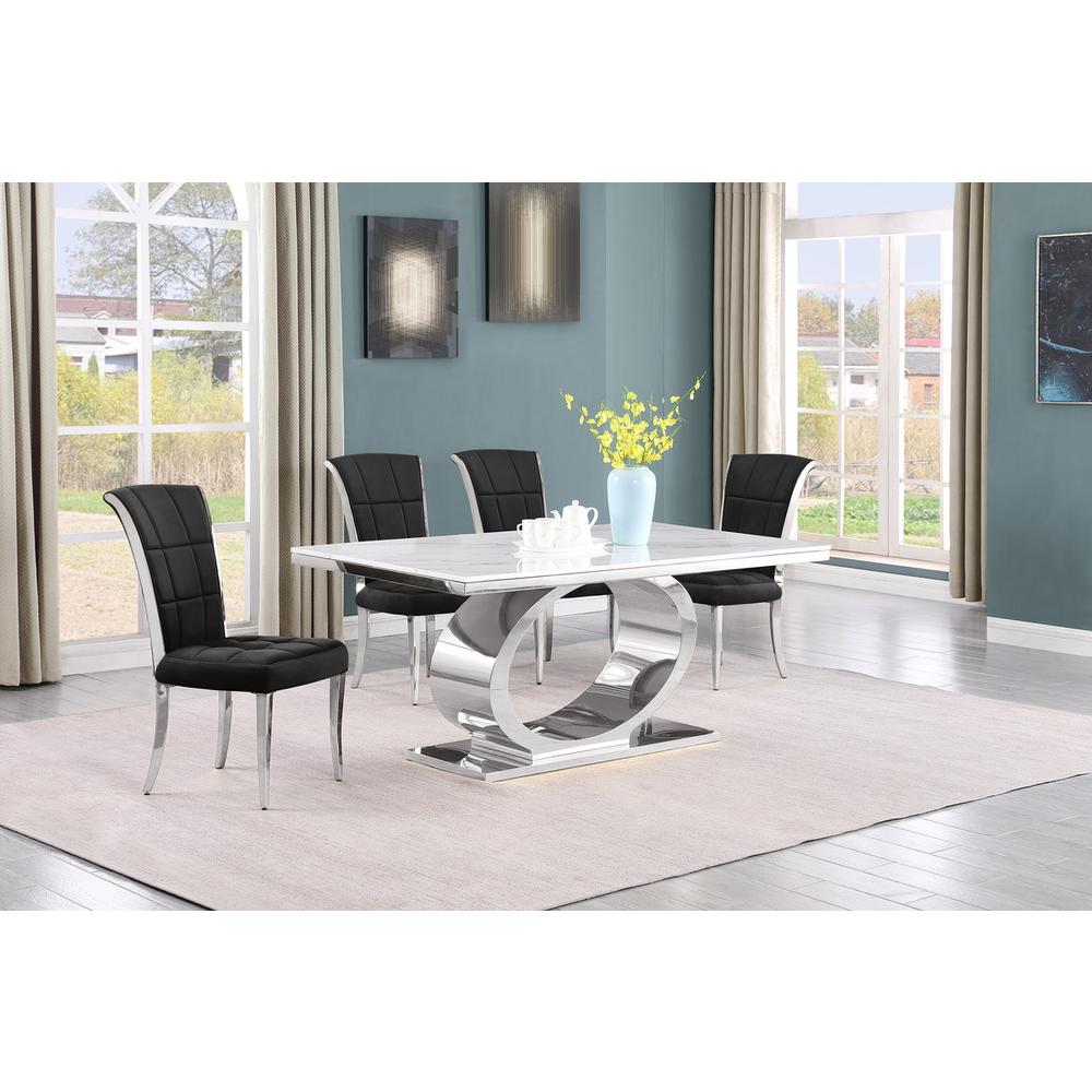 5pc Small(48″) marble top dining set with silver base and 4 Black side chairs