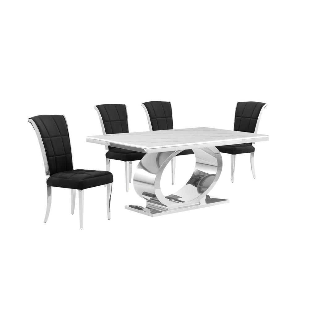 5pc Small(48″) marble top dining set with silver base and 4 Black side chairs