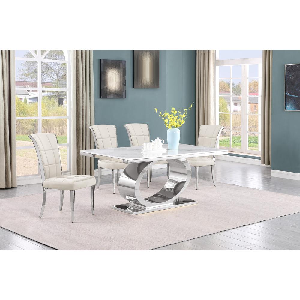 5pc Small(48″) marble top dining set with silver base and 4 Cream side chairs