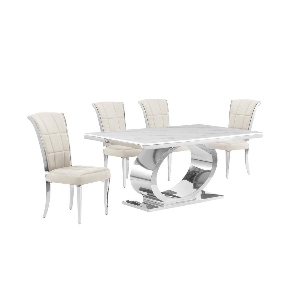 5pc Small(48″) marble top dining set with silver base and 4 Cream side chairs