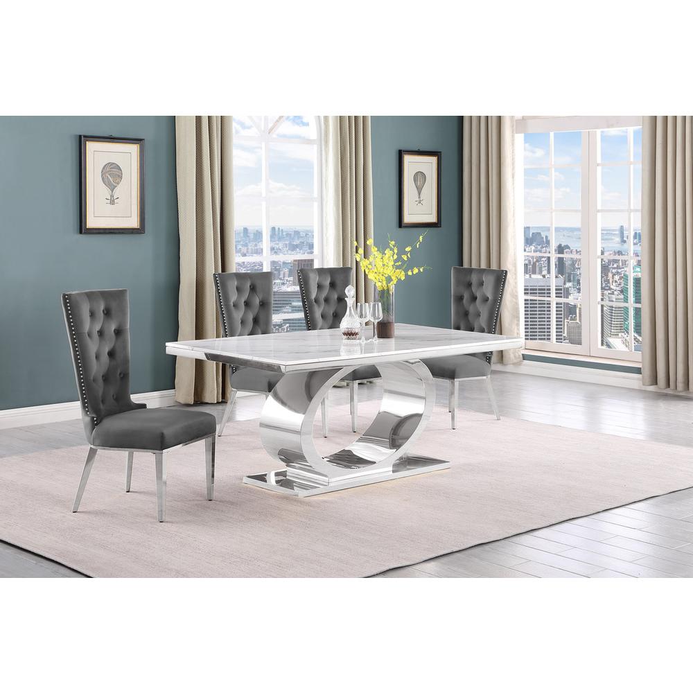 5pc Small(68″) marble top dining set with silver base and 4 Dark grey chairs