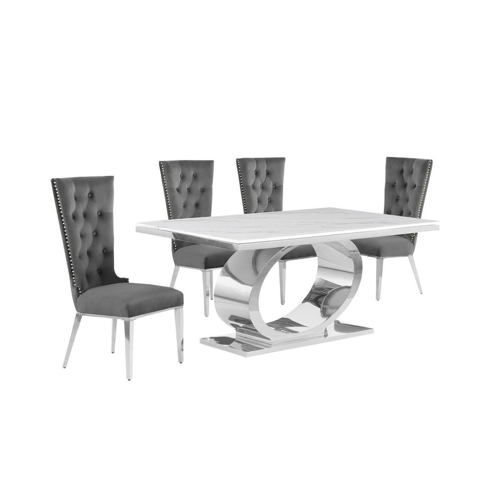 5pc Small(68″) marble top dining set with silver base and 4 Dark grey chairs