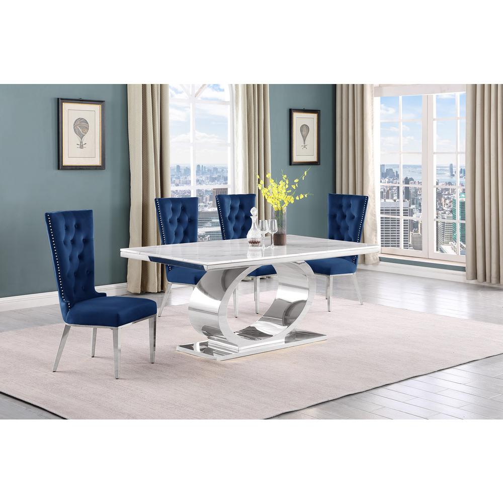 5pc Small(68″) marble top dining set with silver base and 4 Navy blue chairs