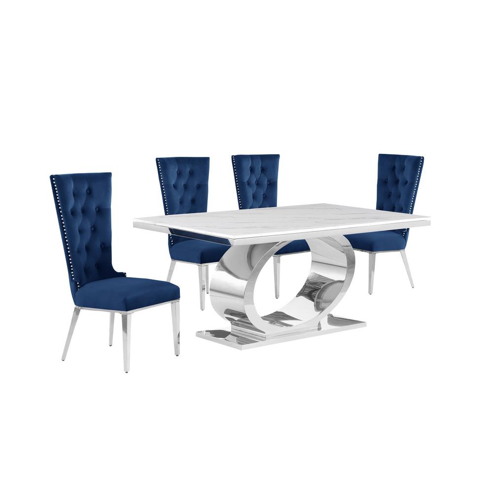 5pc Small(68″) marble top dining set with silver base and 4 Navy blue chairs