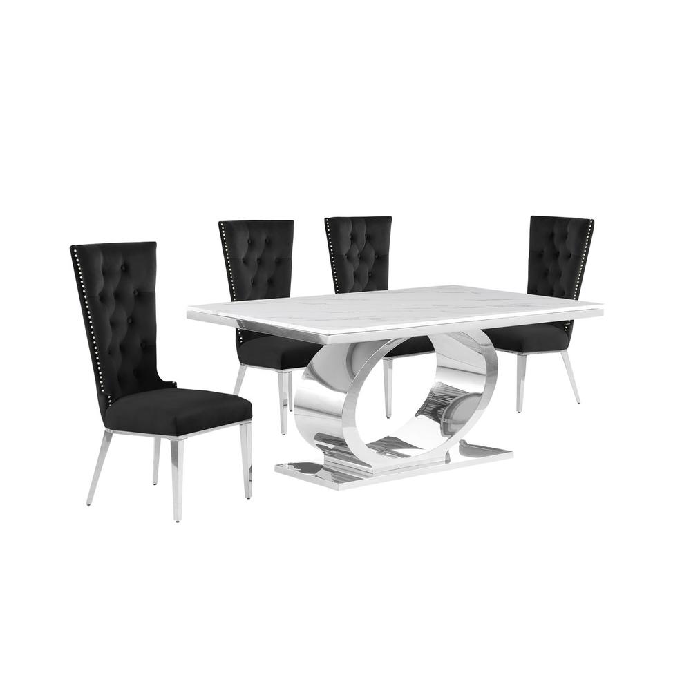 5pc Small(68″) marble top dining set with silver base and 4 Black side chairs