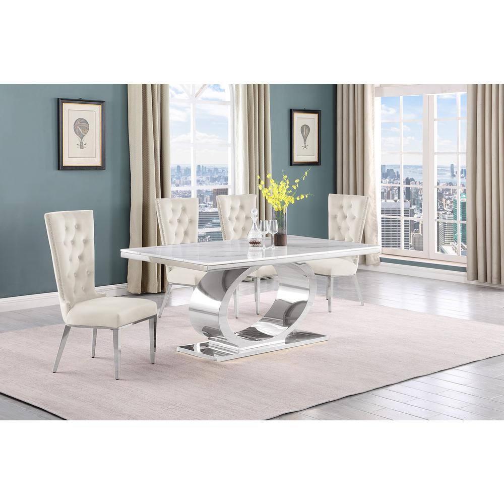5pc Small(68″) marble top dining set with silver base and 4 Cream side chairs