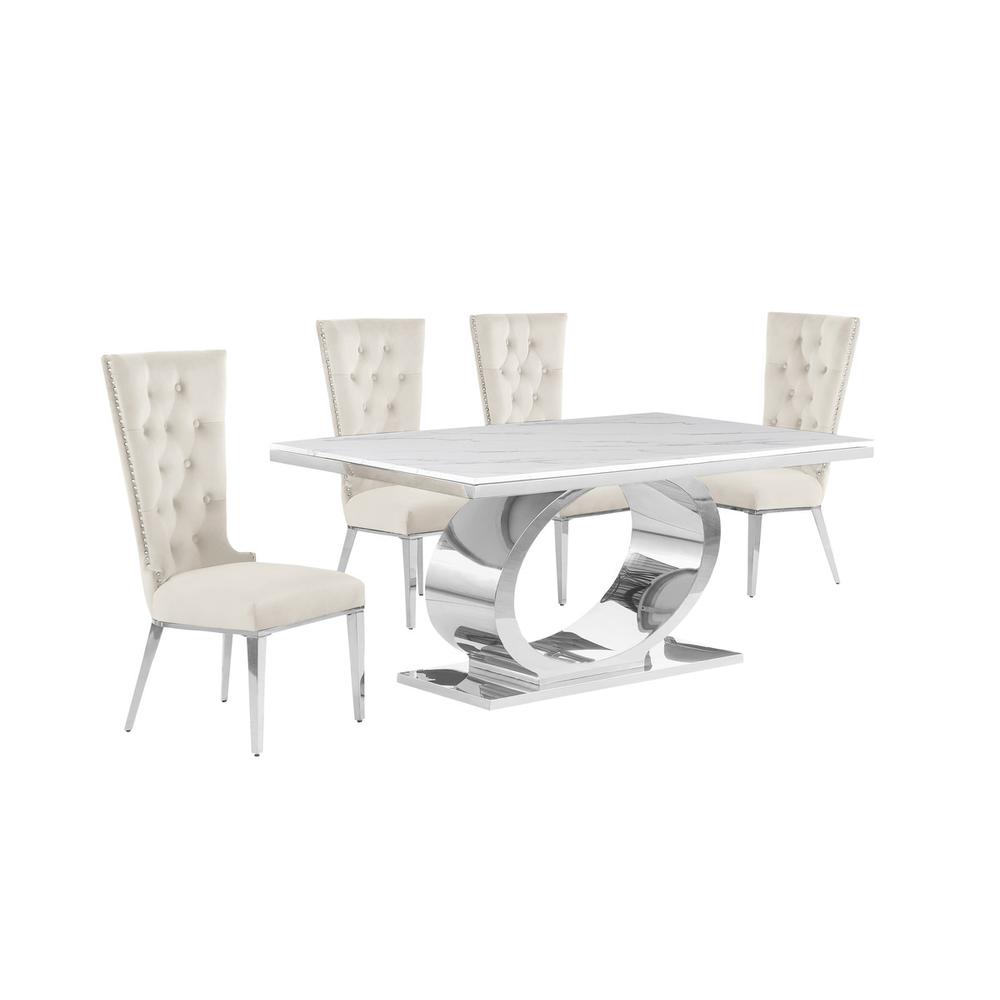 5pc Small(68″) marble top dining set with silver base and 4 Cream side chairs