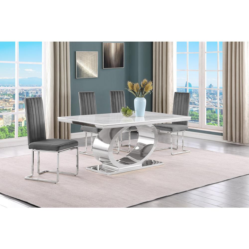 5pc Small(68″) marble top dining set with silver base and 4 Dark grey chairs