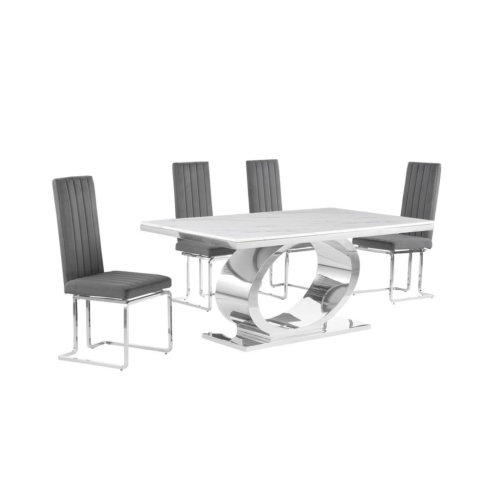 5pc Small(68″) marble top dining set with silver base and 4 Dark grey chairs