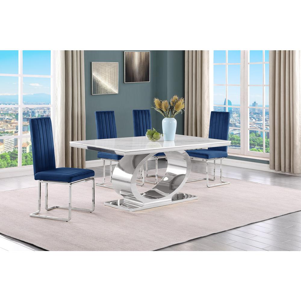 5pc Small(68″) marble top dining set with silver base and 4 Navy blue chairs