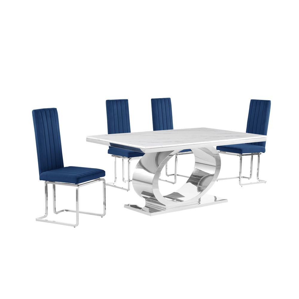 5pc Small(68″) marble top dining set with silver base and 4 Navy blue chairs