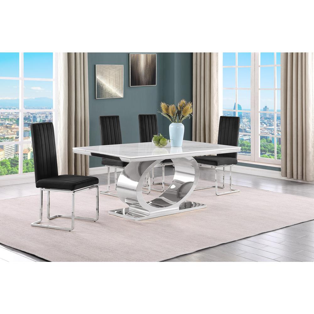 5pc Small(68″) marble top dining set with silver base and 4 Black side chairs
