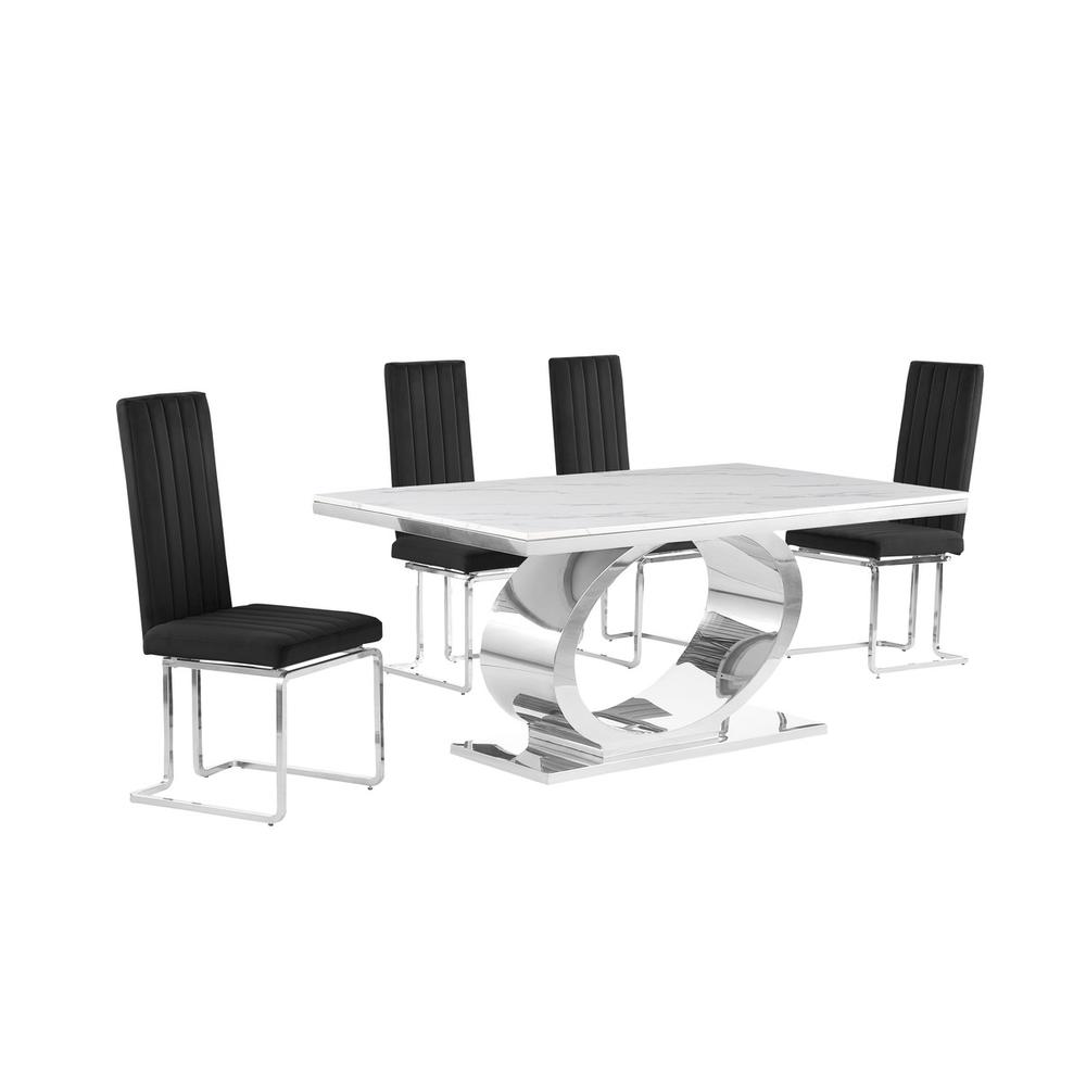 5pc Small(68″) marble top dining set with silver base and 4 Black side chairs