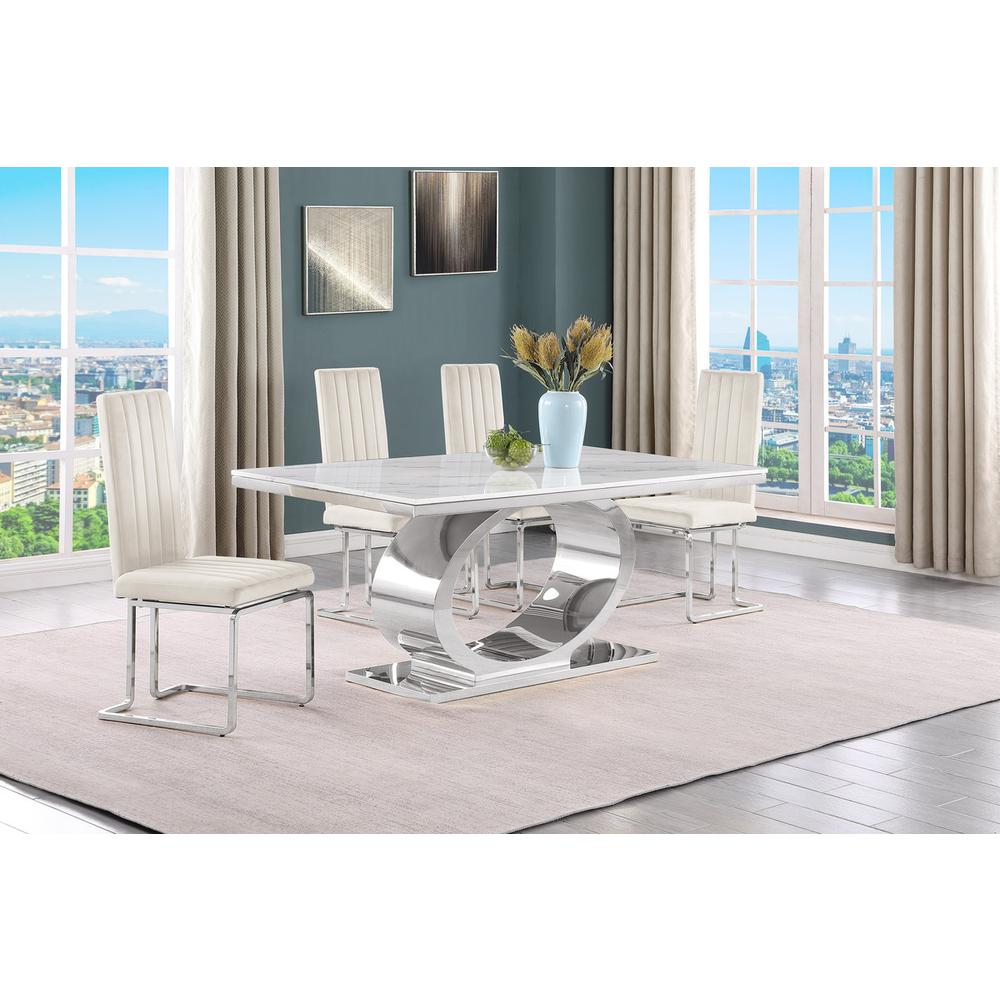 5pc Small(68″) marble top dining set with silver base and 4 Cream side chairs
