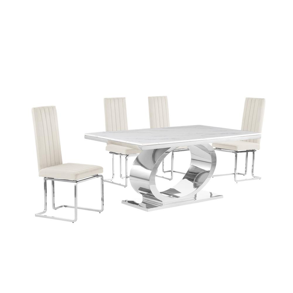 5pc Small(68″) marble top dining set with silver base and 4 Cream side chairs