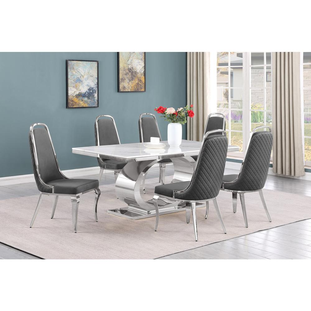 7pc Large(68″) marble top dining set with silver base and 6 Dark grey chairs