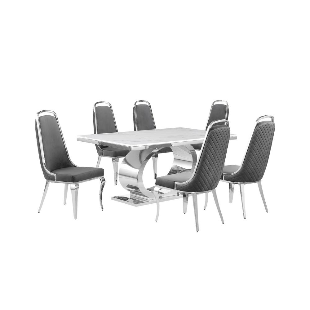 7pc Large(68″) marble top dining set with silver base and 6 Dark grey chairs