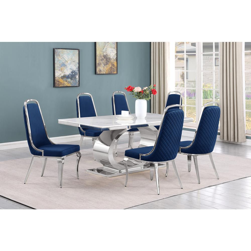 7pc Large(68″) marble top dining set with silver base and 6 Navy blue chairs