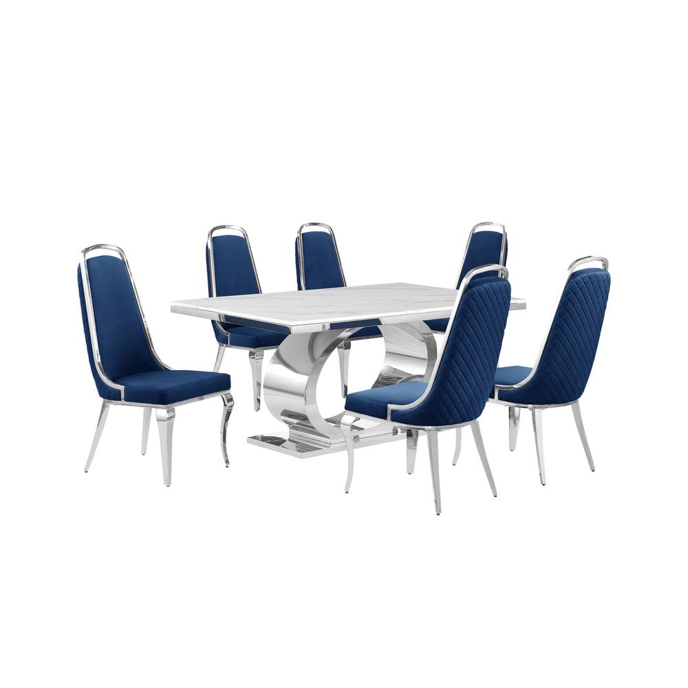 7pc Large(68″) marble top dining set with silver base and 6 Navy blue chairs