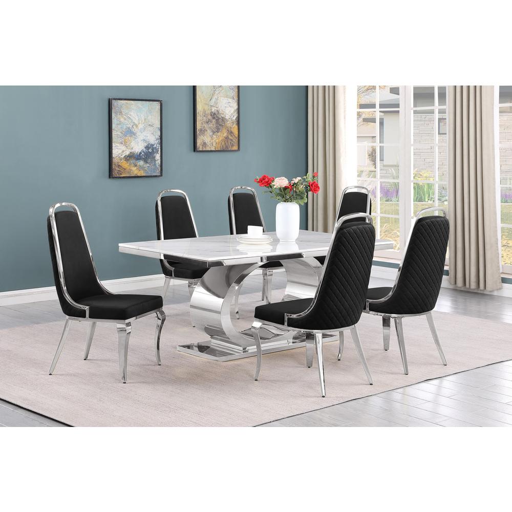 7pc Large(68″) marble top dining set with silver base and 6 Black side chairs