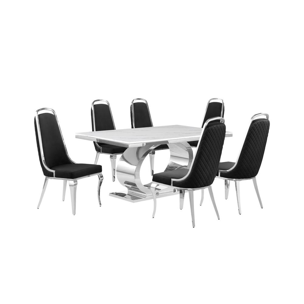 7pc Large(68″) marble top dining set with silver base and 6 Black side chairs