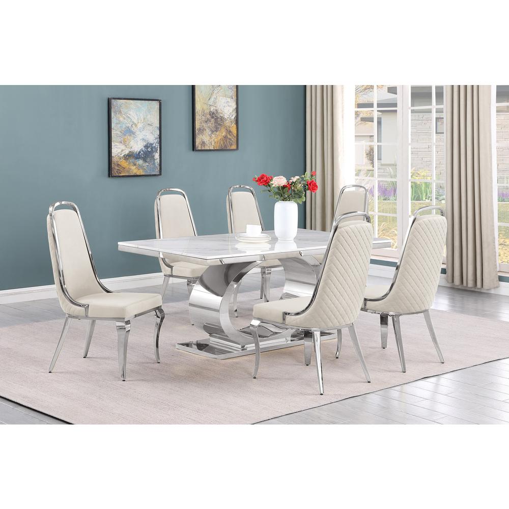 7pc Large(68″) marble top dining set with silver base and 6 Cream side chairs