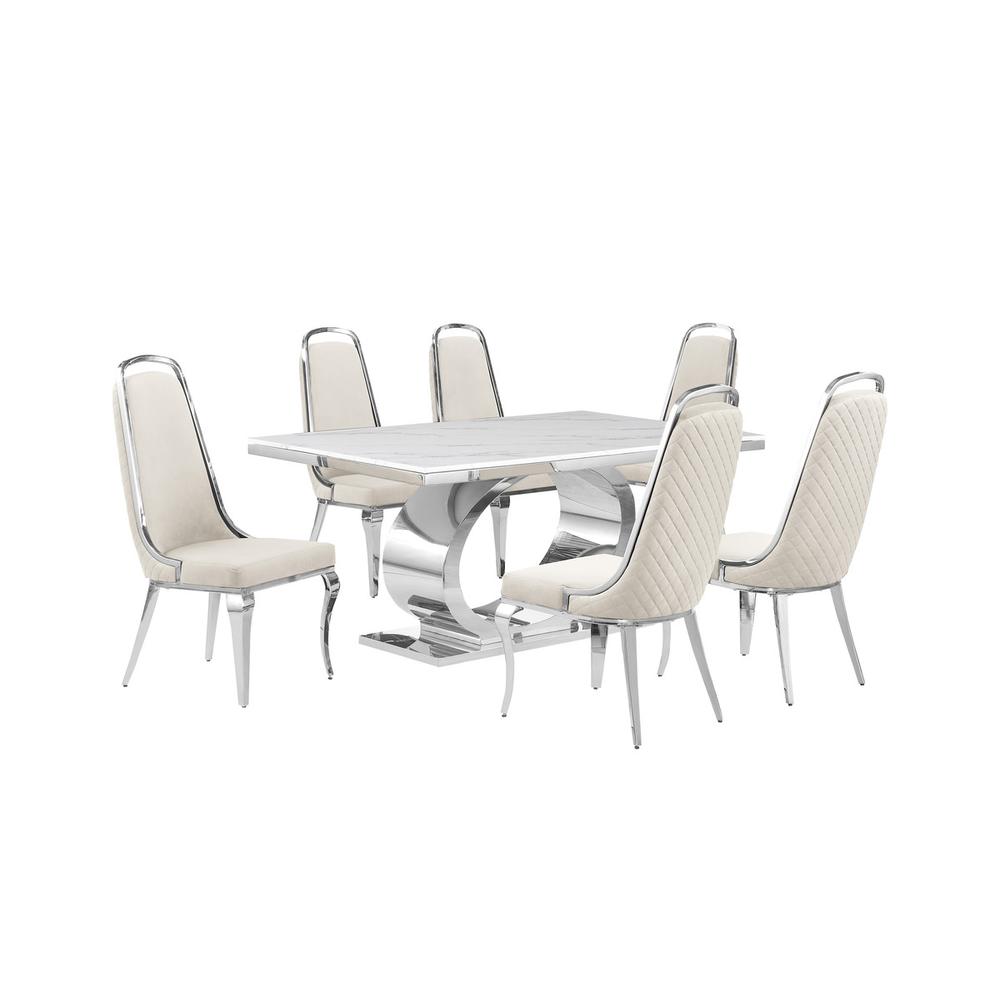 7pc Large(68″) marble top dining set with silver base and 6 Cream side chairs