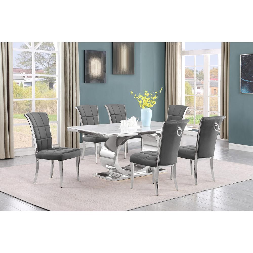 7pc Small(68″) marble top dining set with silver base and 6 Dark grey chairs