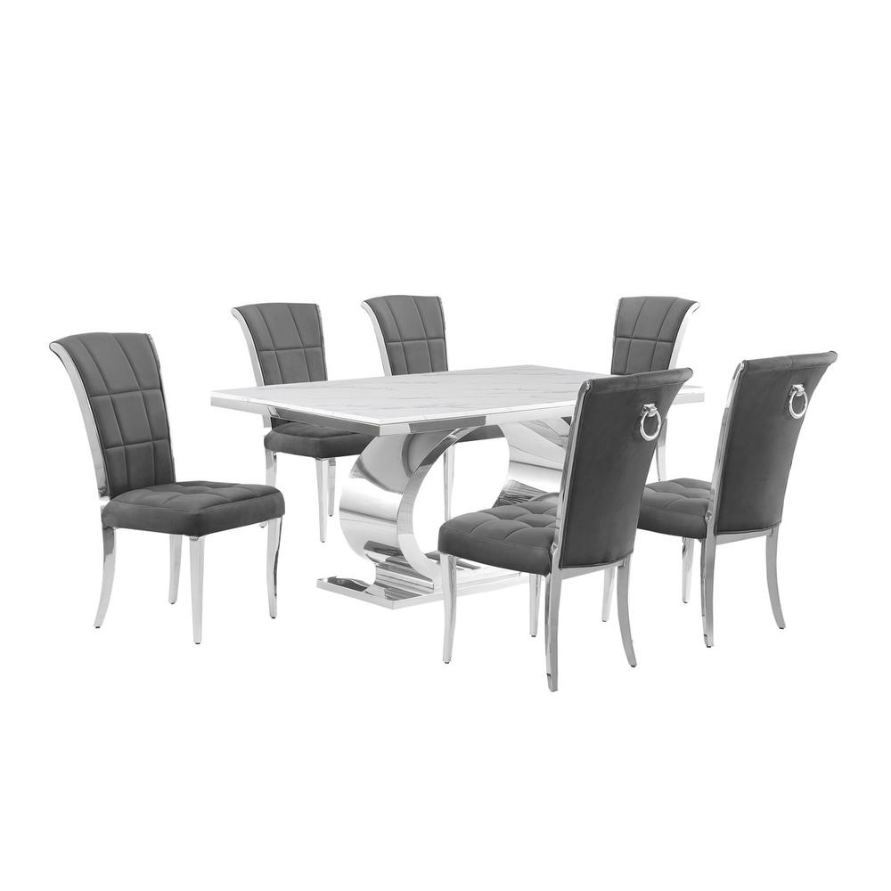 7pc Small(68″) marble top dining set with silver base and 6 Dark grey chairs