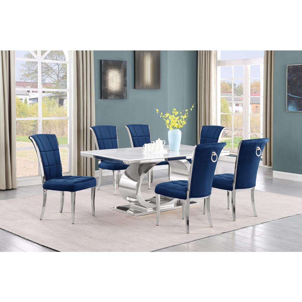 7pc Small(68″) marble top dining set with silver base and 6 Navy blue chairs