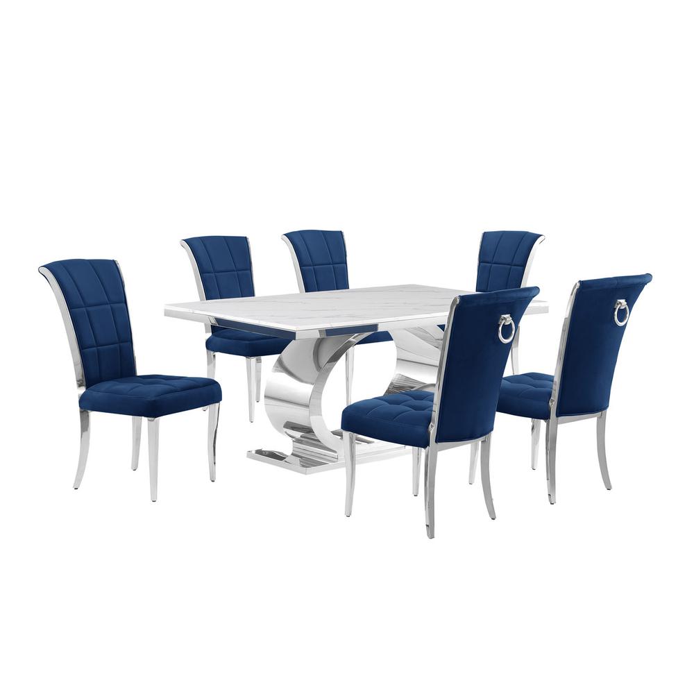 7pc Small(68″) marble top dining set with silver base and 6 Navy blue chairs