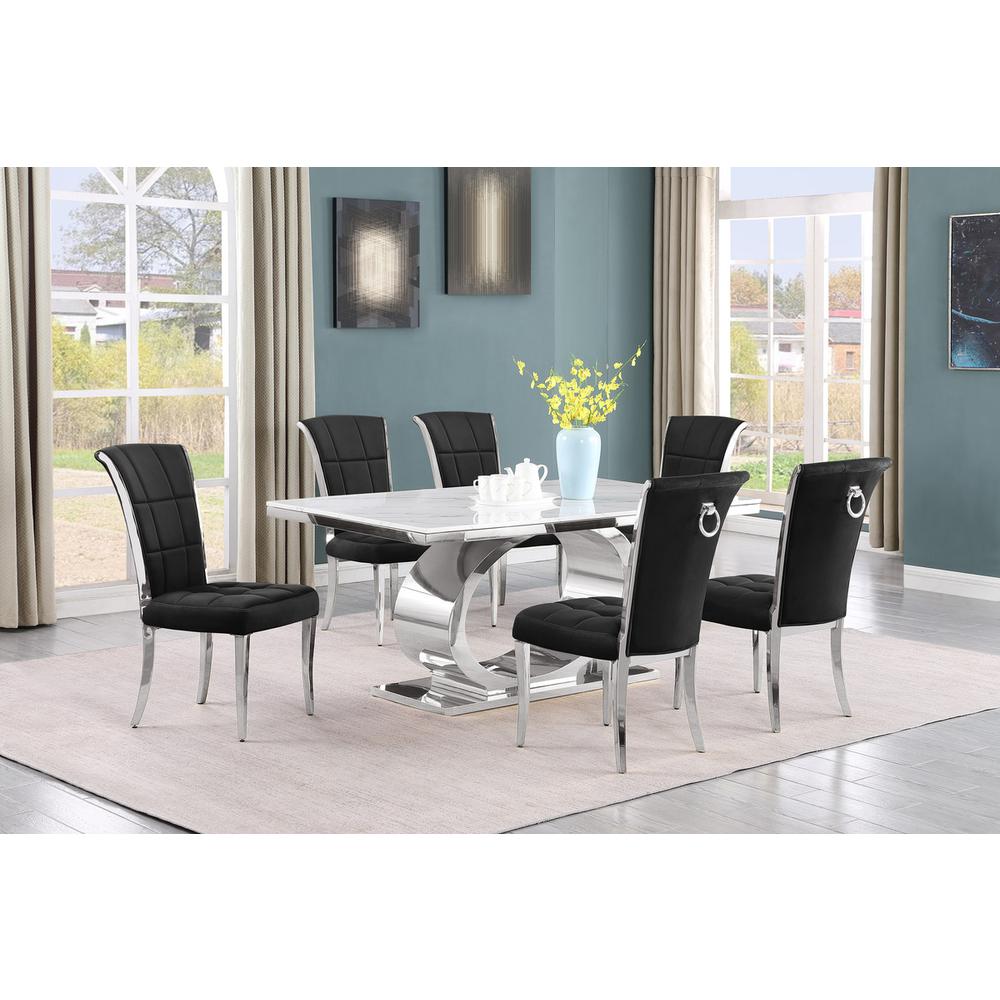 7pc Small(68″) marble top dining set with silver base and 6 Black side chairs