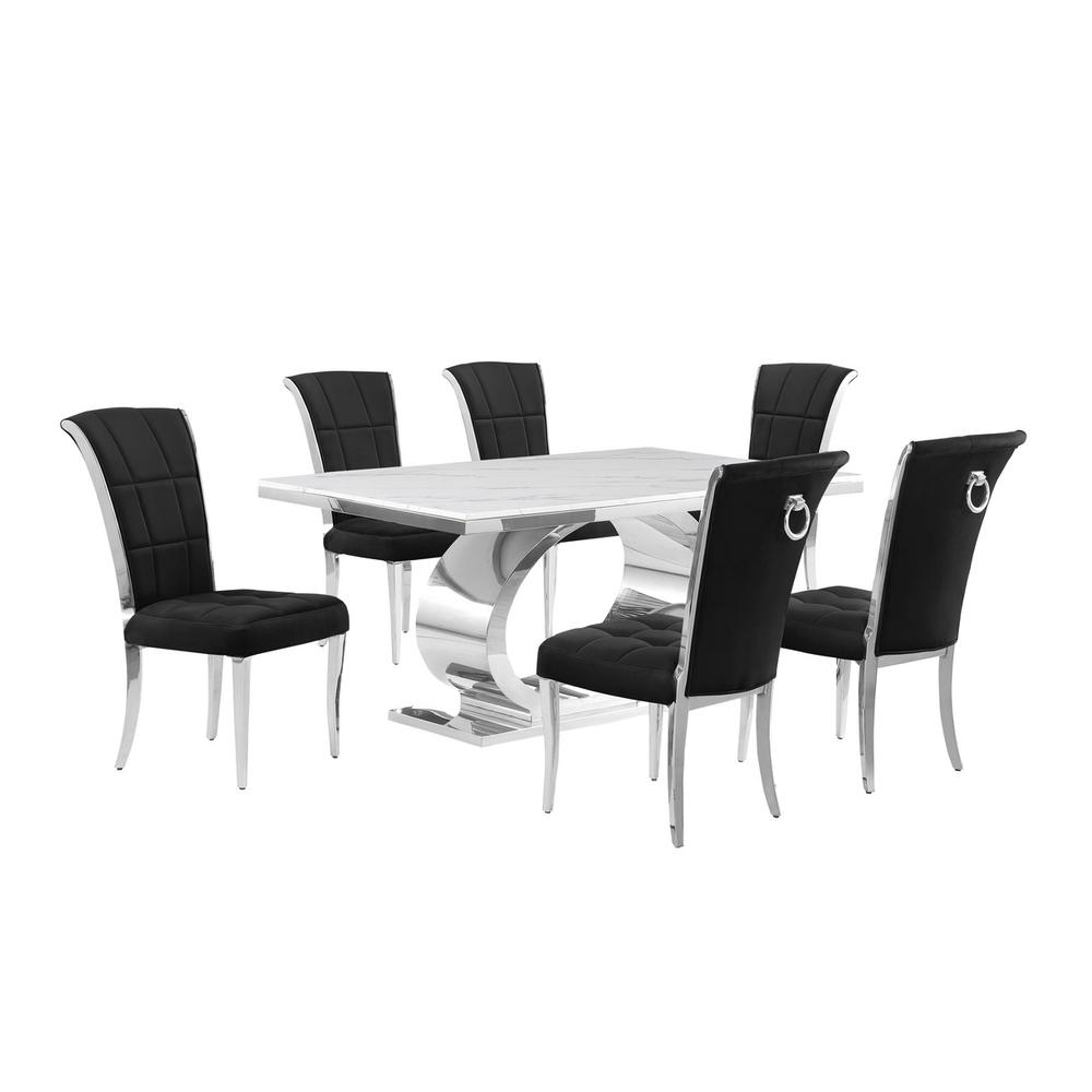 7pc Small(68″) marble top dining set with silver base and 6 Black side chairs