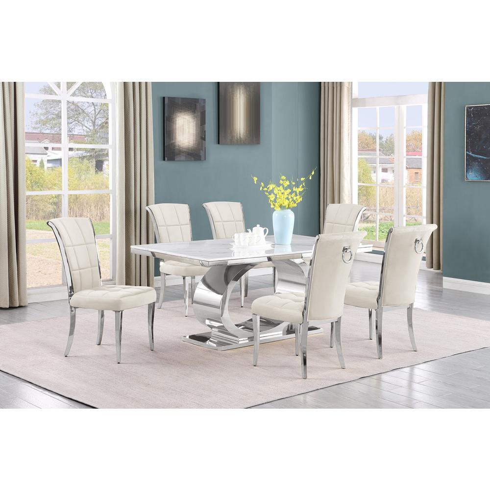 7pc Small(68″) marble top dining set with silver base and 6 Cream side chairs