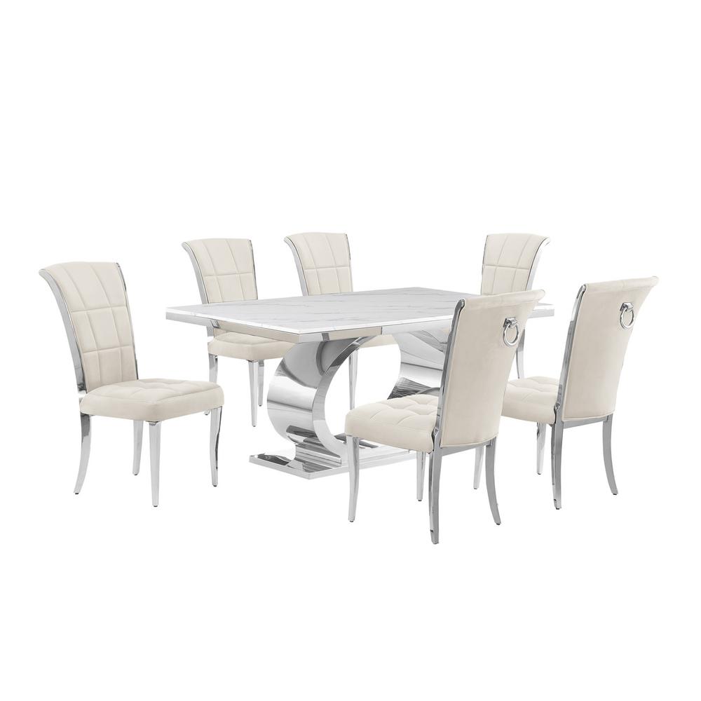 7pc Small(68″) marble top dining set with silver base and 6 Cream side chairs