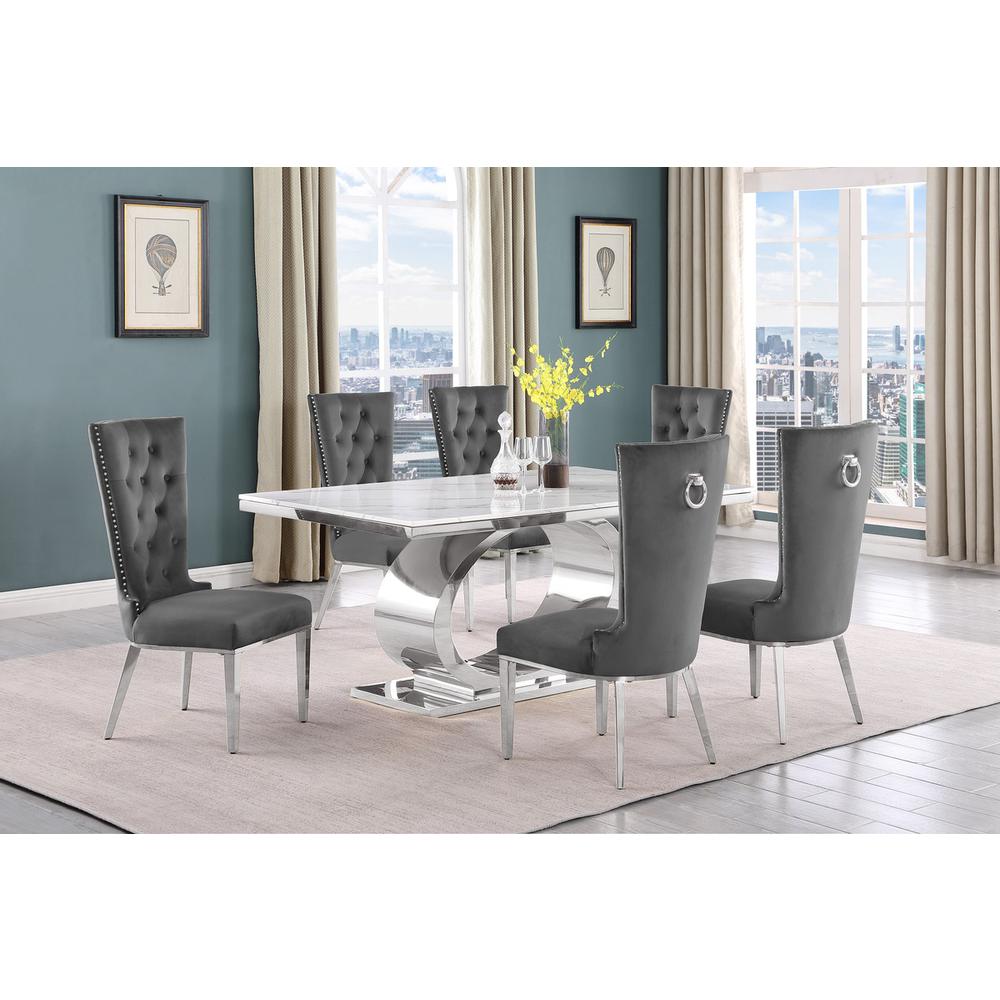 7pc Small(68″) marble top dining set with silver base and 6 Dark grey chairs